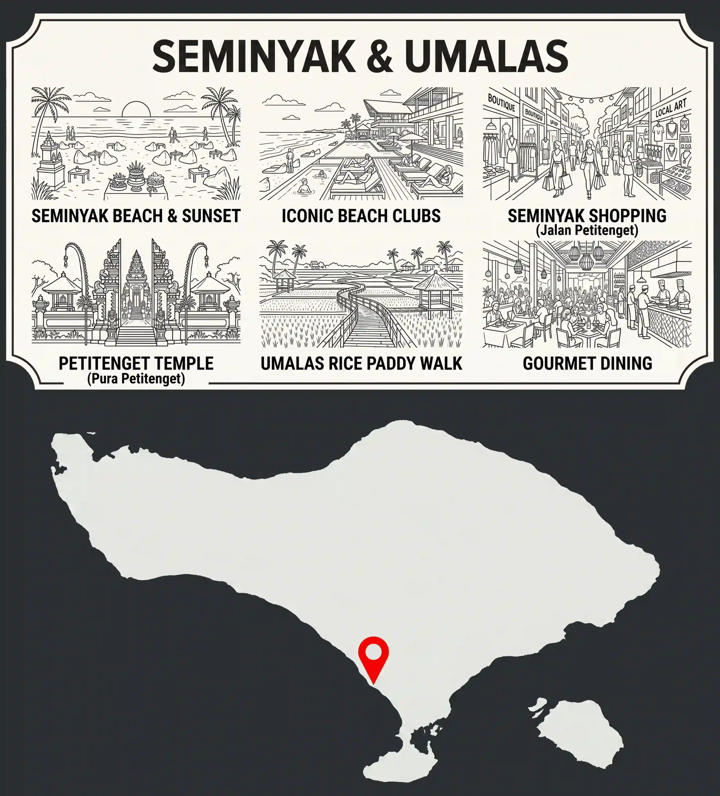 Location map of Seminyak and Umalas in Bali, highlighting local attractions like beach clubs, boutiques, and fine dining.